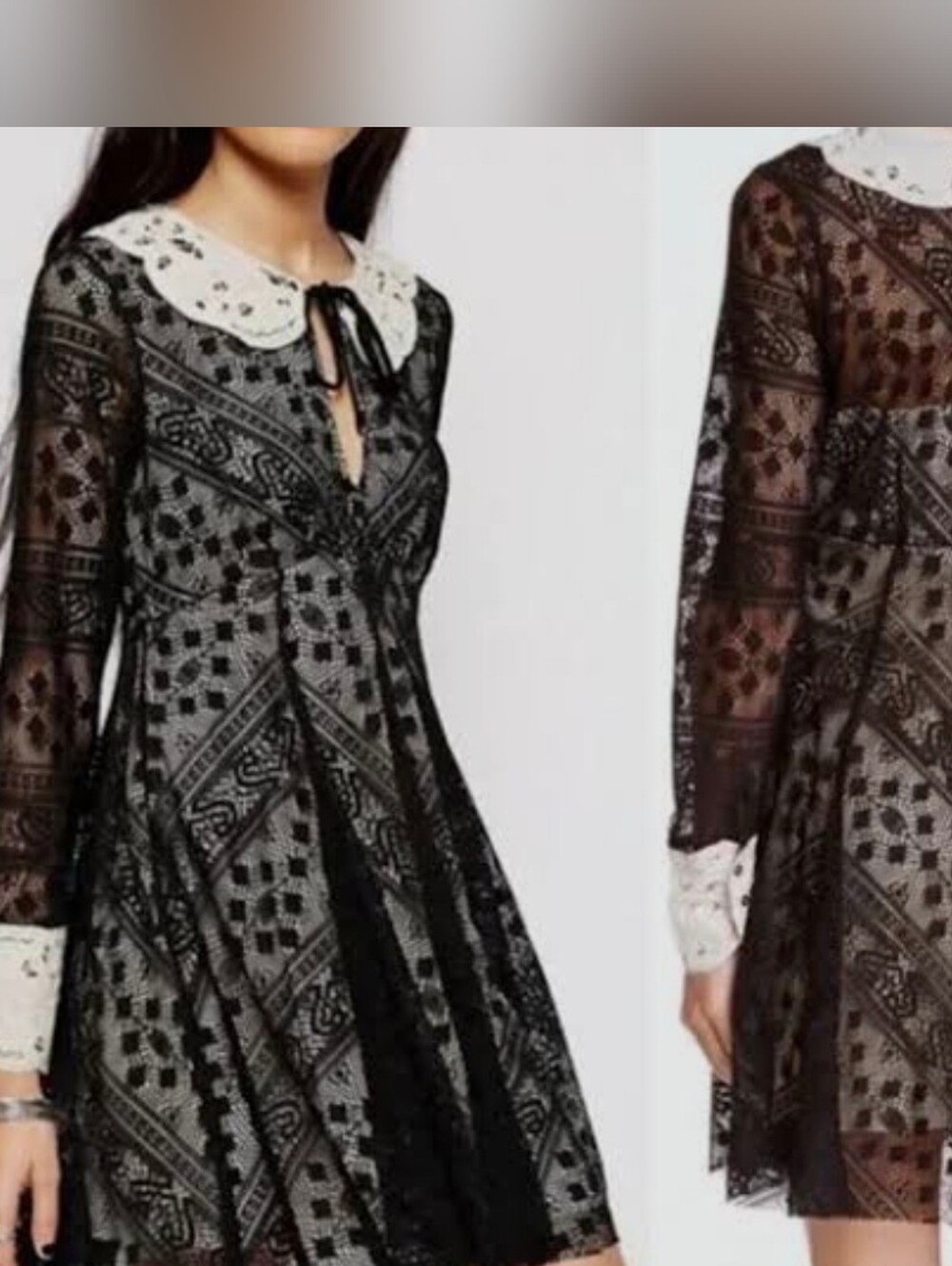 Free People Black Lace Long-Sleeve Dress with White Peter Pan Collar
